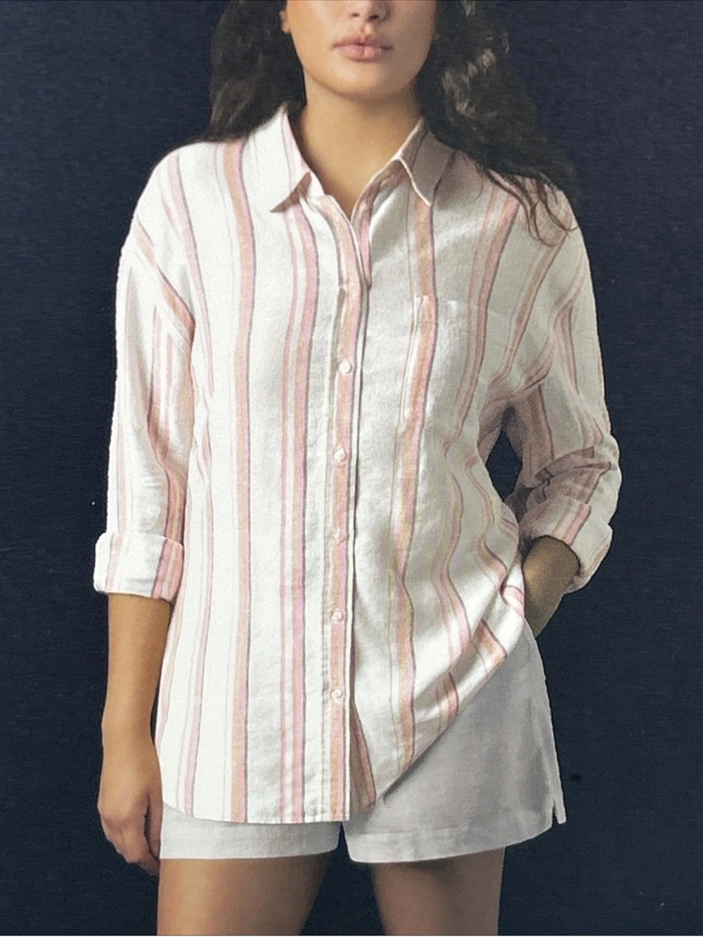 Gap Women's Linen Blend Button Up Shirt
Size XL Pink Taupe Stripe Coastal